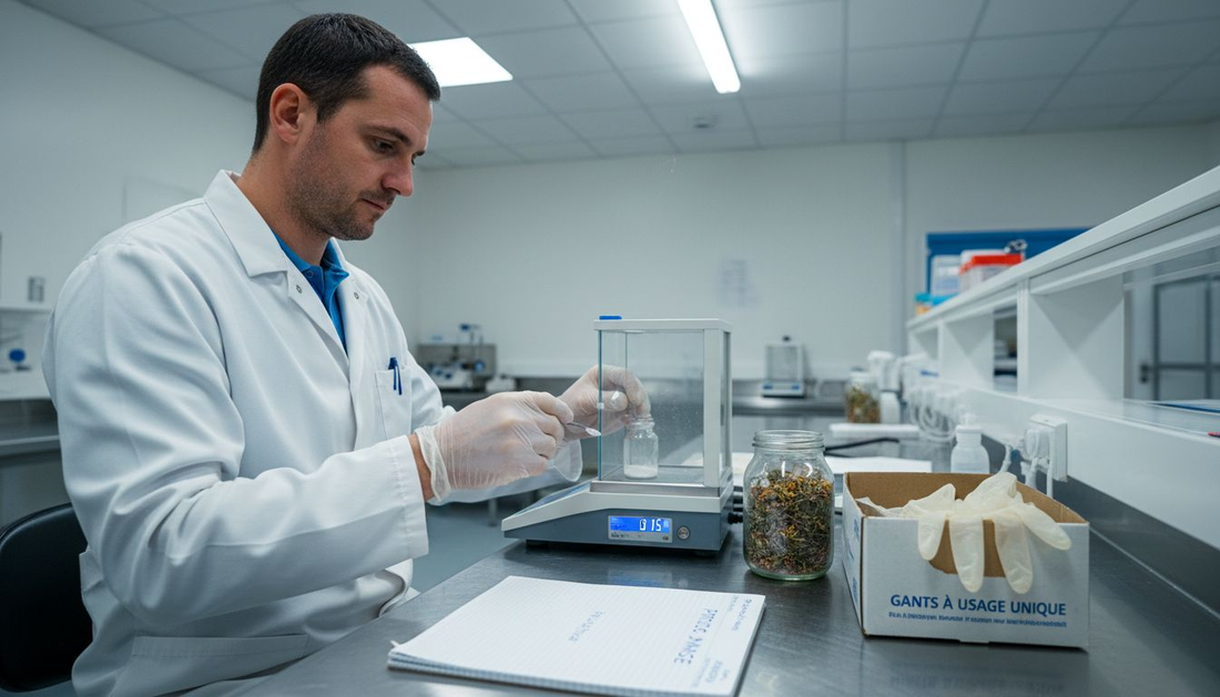 Un technicien s’affaire à la préparation des ingrédients dans un laboratoire en France.