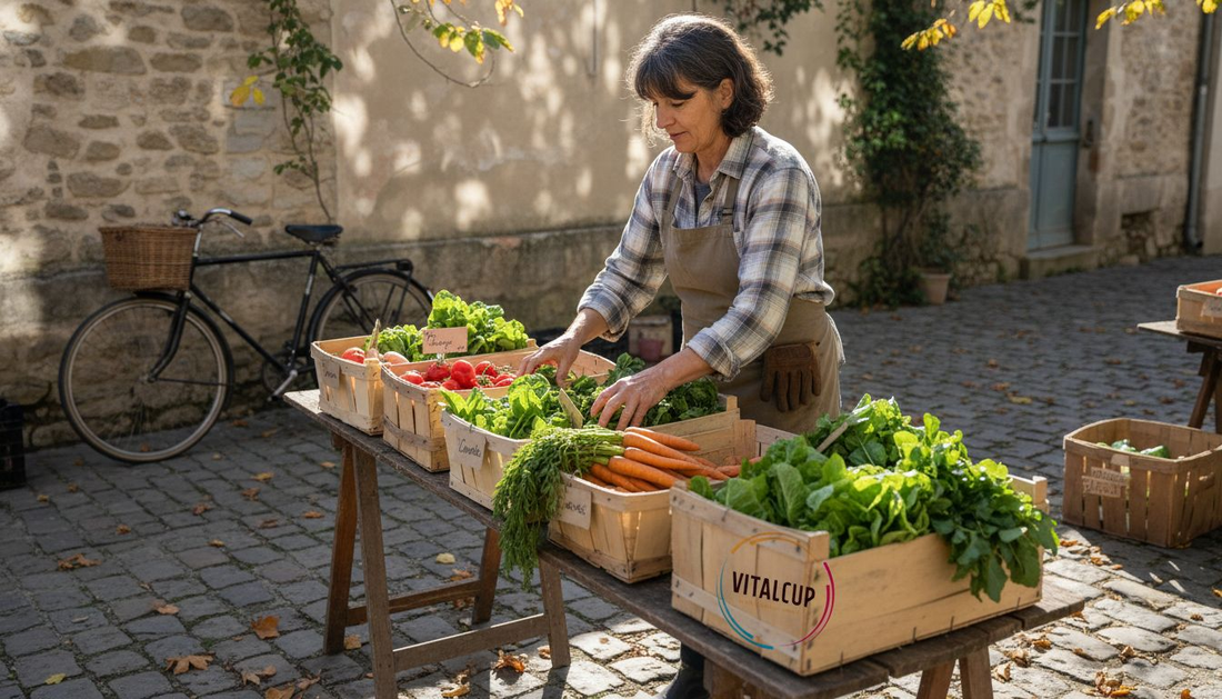 Un maraîcher dispose soigneusement ses légumes tout juste récoltés sur son étal au marché.
