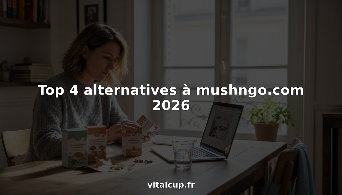 Installée à sa table, une femme compare différents compléments alimentaires à base de champignons pour choisir celui qui lui conviendra le mieux.