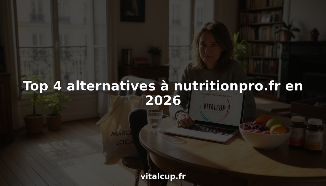 Une femme assise à sa table de cuisine examine et compare différents compléments alimentaires avant de faire son choix.