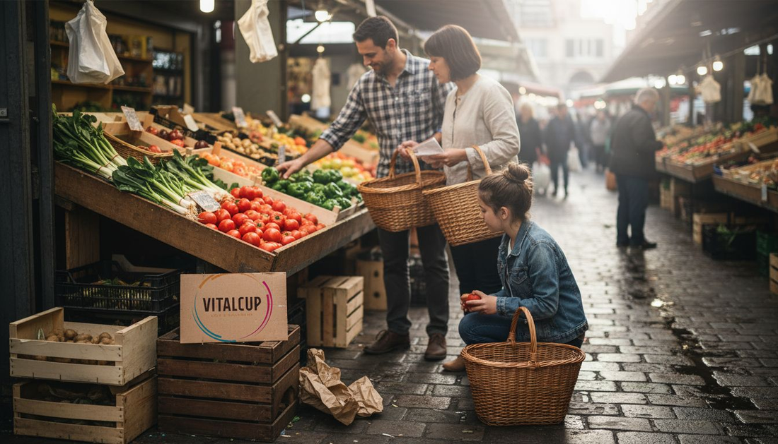 Une famille qui prend soin de sélectionner des légumes naturels, sans aucun additif.