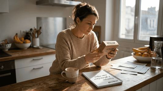 Une femme prend le temps d’examiner des compléments alimentaires naturels dans sa cuisine.