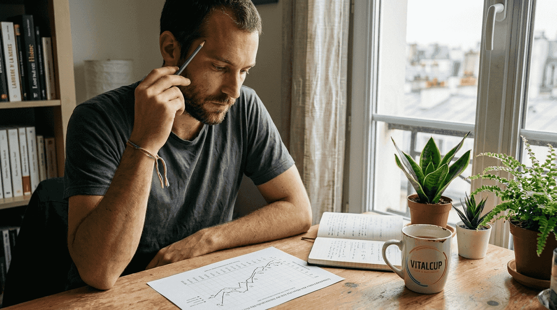 Un homme plongé dans ses pensées, assis à son bureau baigné par la lumière du jour.