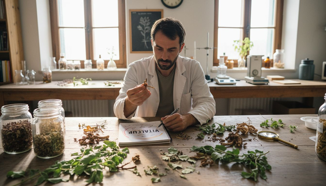 Un expert examine attentivement des ingrédients naturels disposés sur une table.