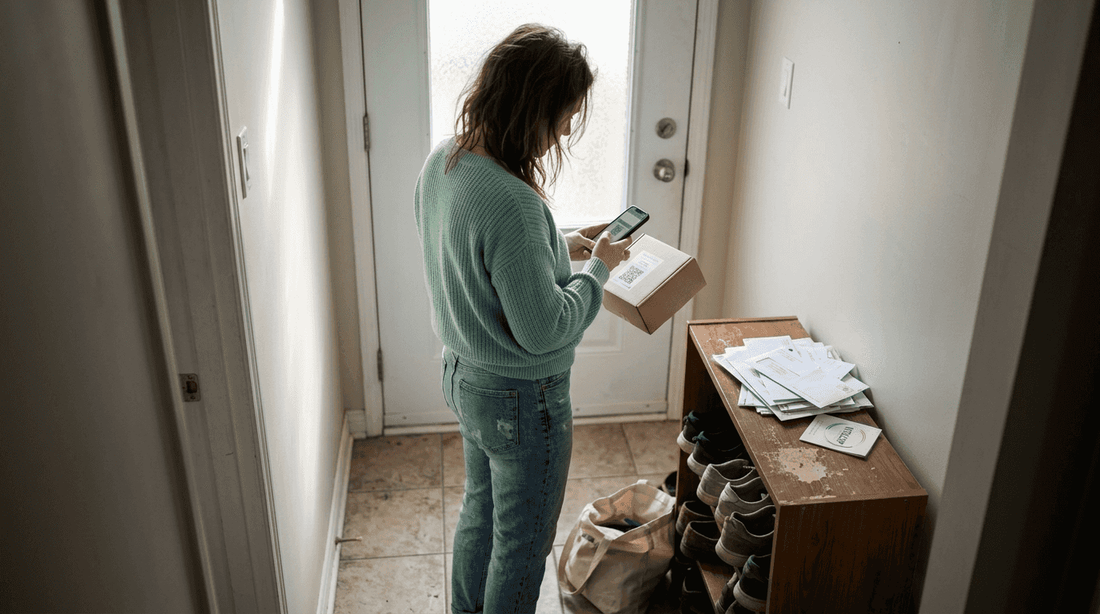 Une femme s’occupe de préparer un colis pour le renvoyer après un achat en ligne.