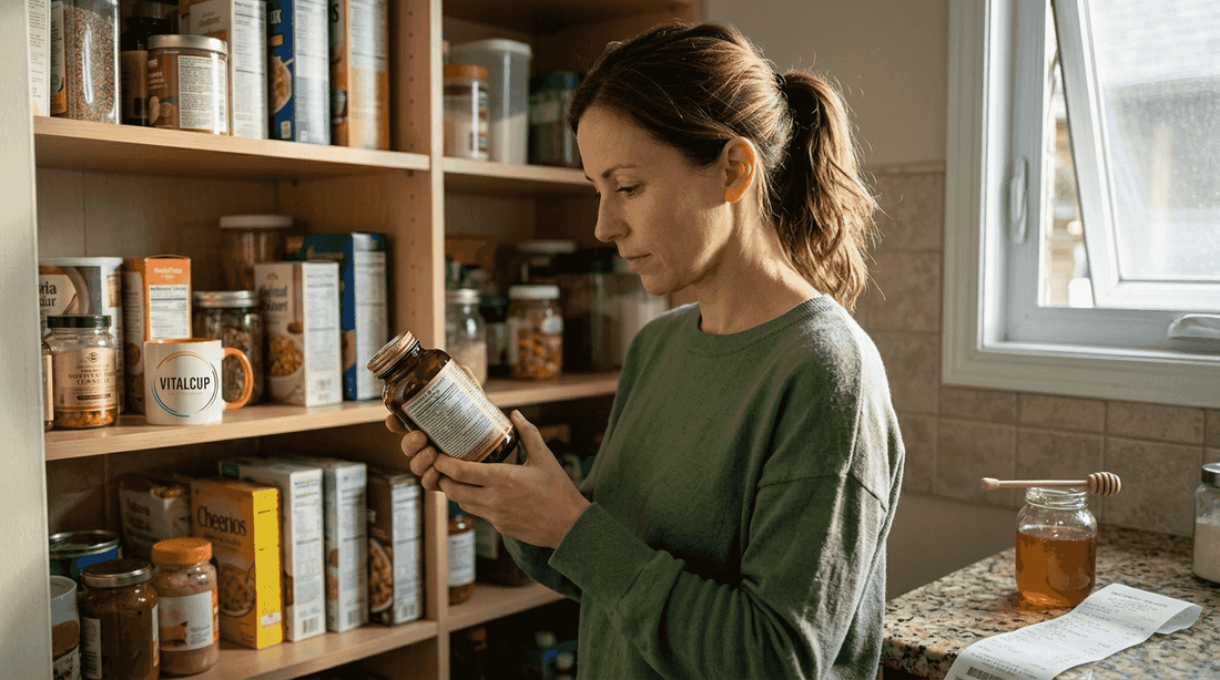 Chez elle, une femme examine attentivement la liste des ingrédients de ses compléments alimentaires pour s'assurer de leur qualité.