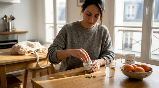 Une femme ouvre un pot de compléments alimentaires naturels dans sa cuisine.