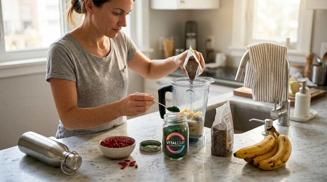 Une femme prépare un smoothie plein de superaliments dans sa cuisine.