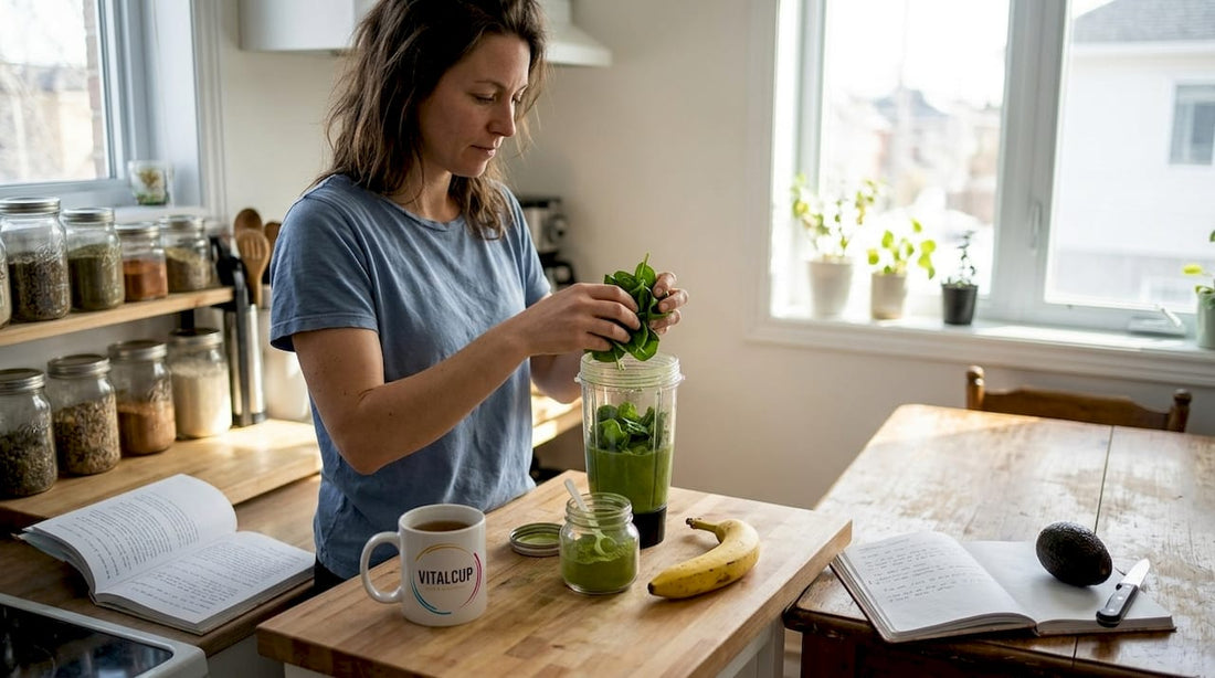 Une femme prépare un smoothie énergisant à base d’ingrédients naturels dans sa cuisine.