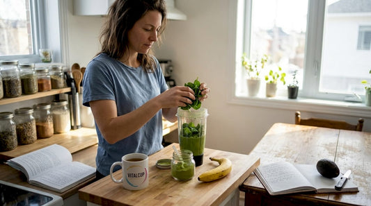 Une femme prépare un smoothie énergisant à base d’ingrédients naturels dans sa cuisine.