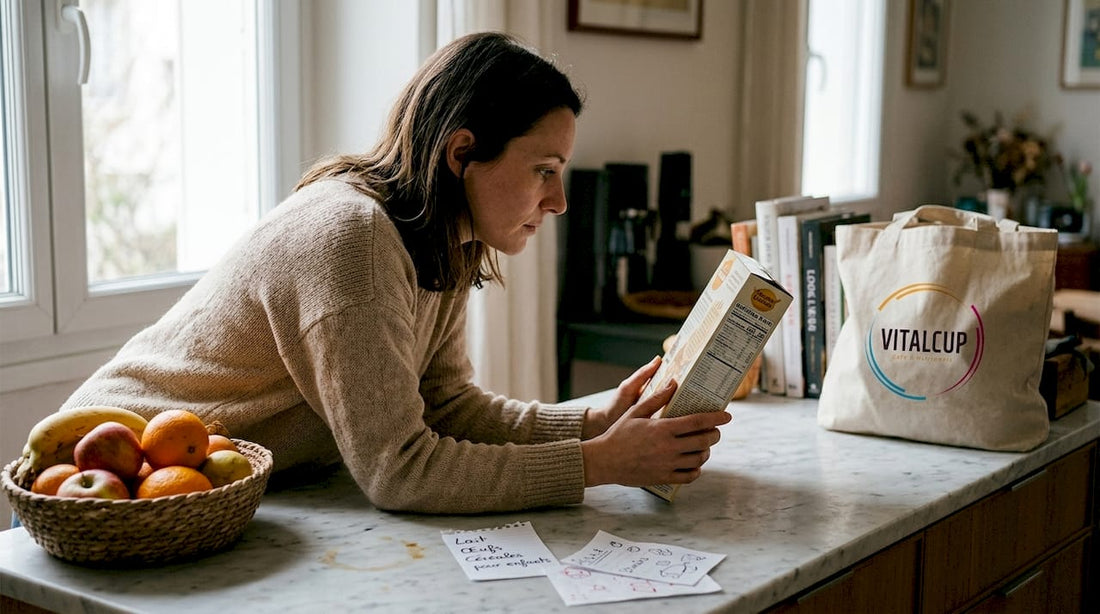 Une femme examine attentivement l’étiquette d’un produit dans sa cuisine familiale.