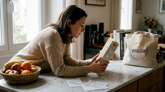 Une femme examine attentivement l’étiquette d’un produit dans sa cuisine familiale.
