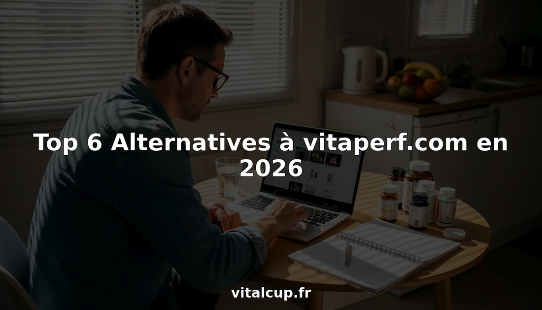 Un homme installé à sa table de cuisine consulte son ordinateur pour comparer différentes options de compléments alimentaires.