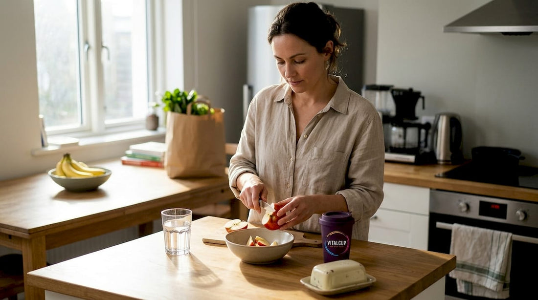 Dans une cuisine baignée de lumière, une femme découpe une pomme avec soin.