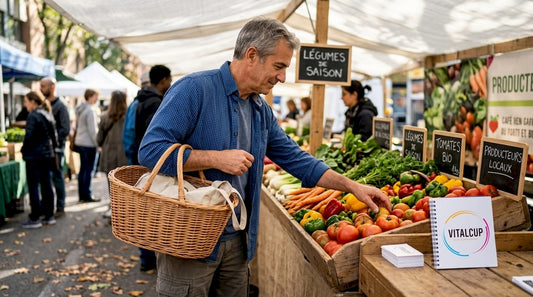 Un homme fait son choix parmi les légumes frais sur un étal du marché.