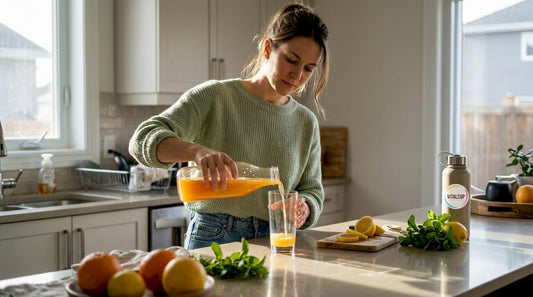 Une femme s’affaire dans sa cuisine à préparer une boisson santé.