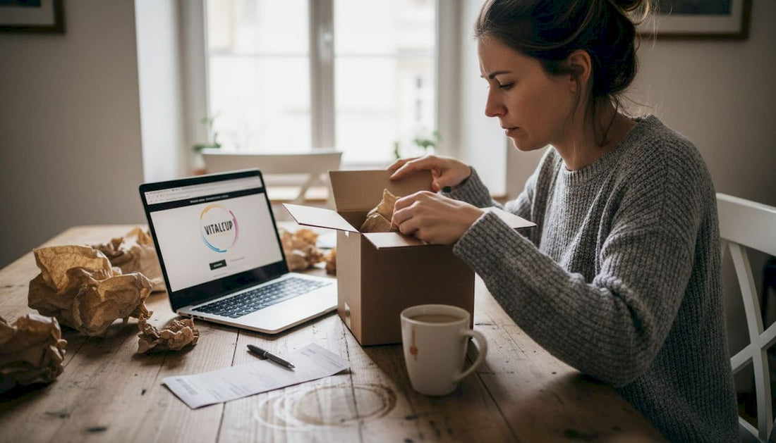 Une femme contrôle le contenu d’un colis avant de le renvoyer suite à un achat en ligne.