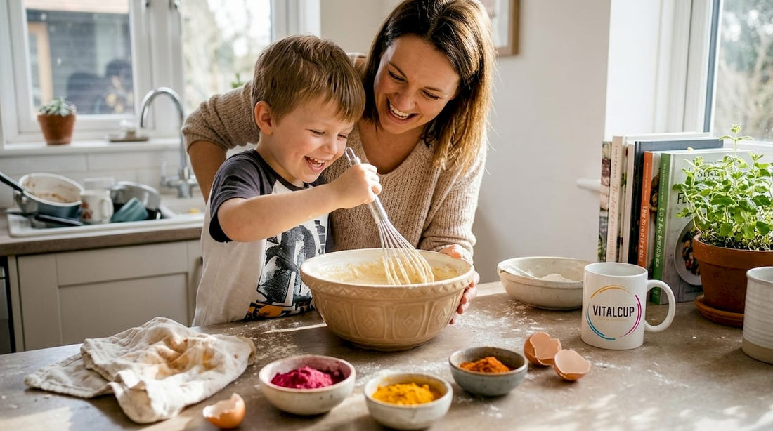 Une famille s’amuse à pâtisser ensemble en utilisant uniquement des colorants naturels pour leur gâteau.