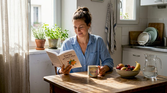 Installée à sa table de cuisine, une femme feuillette un livre consacré à la santé.