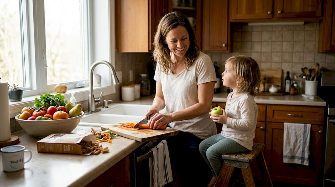 Un moment de vie autour de la cuisine : toute la famille se retrouve pour préparer un bon repas avec des produits frais.