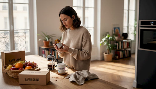 Une consommatrice prend le temps de lire attentivement l’étiquette d’un produit naturel dans sa cuisine.