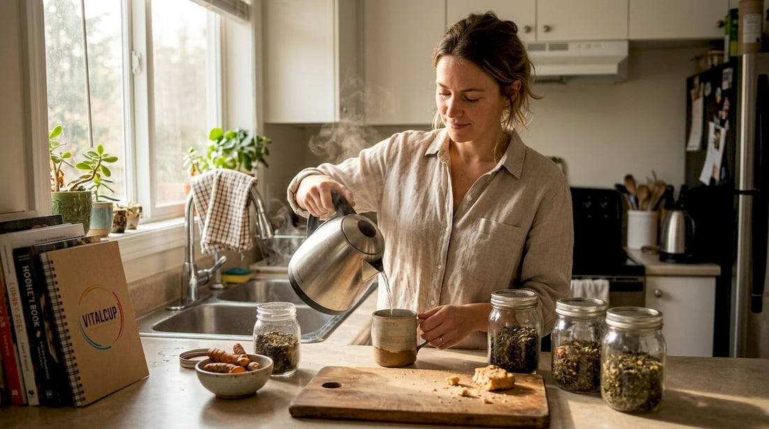 Au petit matin, une femme prépare une infusion aux plantes dans sa cuisine pour démarrer la journée avec énergie.