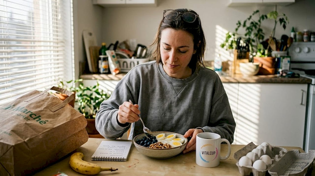 Une femme prépare un petit-déjeuner équilibré pour favoriser la concentration.