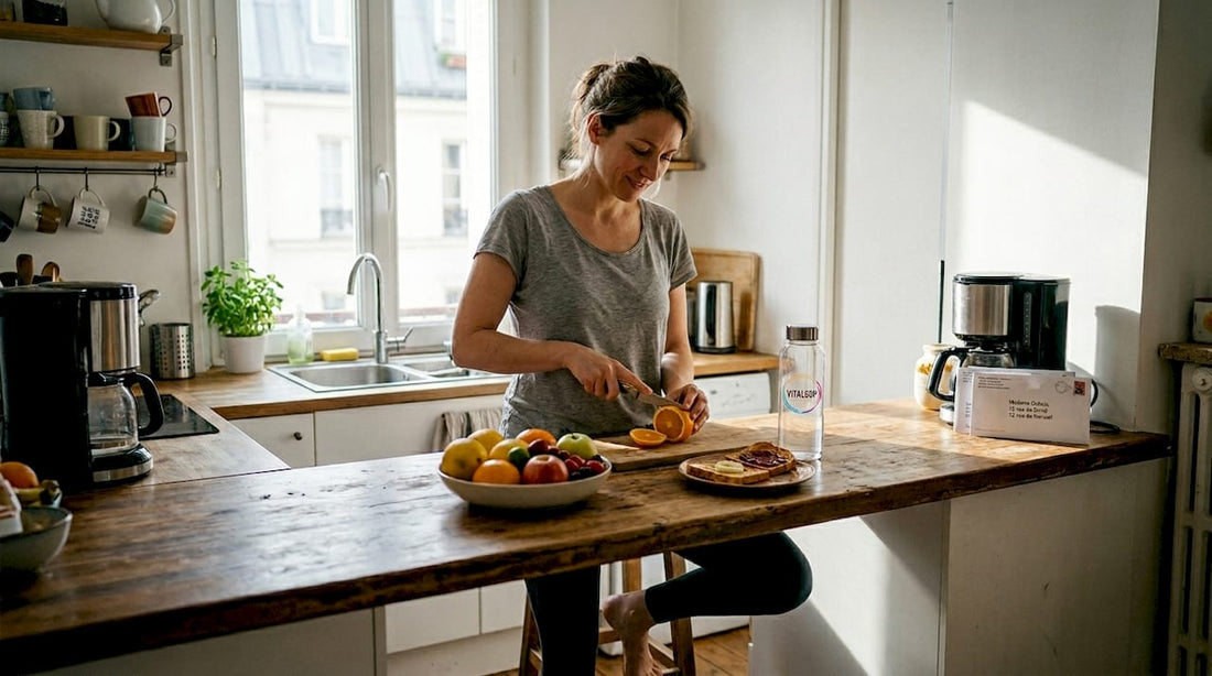 Une femme concocte un petit-déjeuner sain dans une cuisine baignée de lumière.