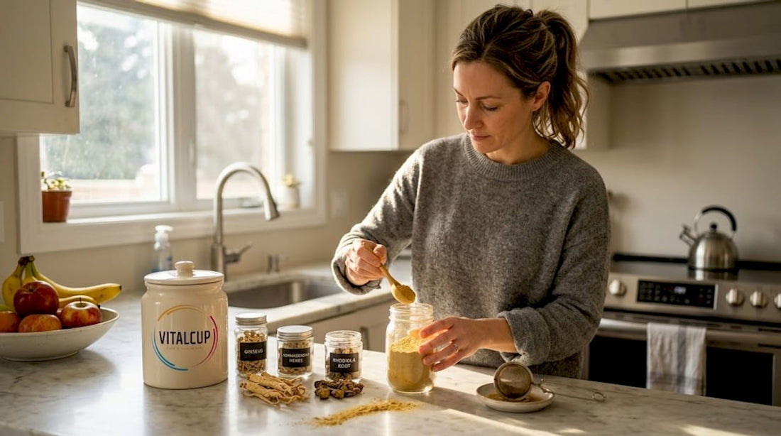 Une femme s’affaire en cuisine à préparer des plantes adaptogènes pour ses recettes bien-être.
