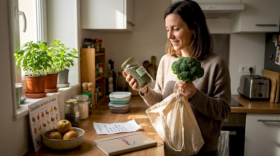 Dans sa cuisine, une femme prend le temps de faire des choix d’achats réfléchis et responsables, privilégiant des produits respectueux de l’environnement et de sa santé.