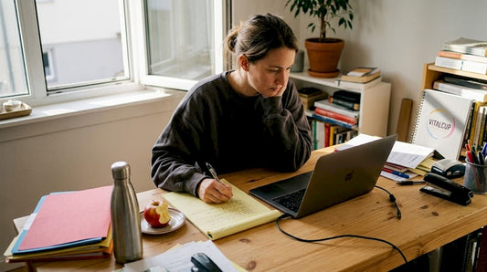 Une femme concentrée travaille depuis son bureau à la maison.