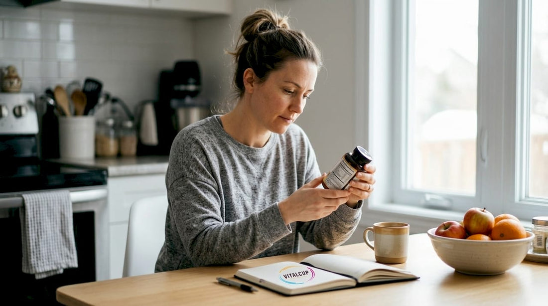 Une femme prend le temps de lire attentivement la notice d'un complément alimentaire avant de l'acheter.