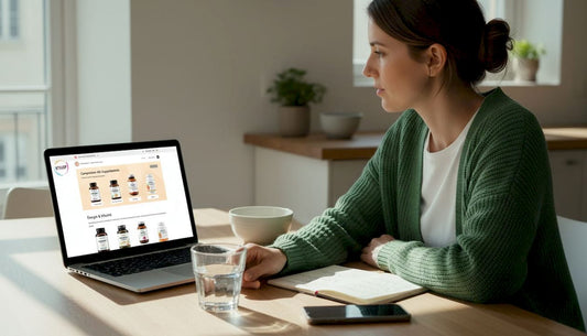 Assise à sa table de cuisine, une femme parcourt des sites pour commander des produits bien-être en ligne.