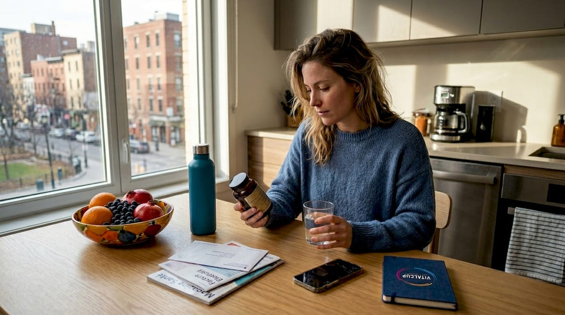Dans une cuisine lumineuse, une femme observe attentivement un flacon de compléments alimentaires, prenant le temps de lire l’étiquette avant de décider si elle va l’utiliser.
