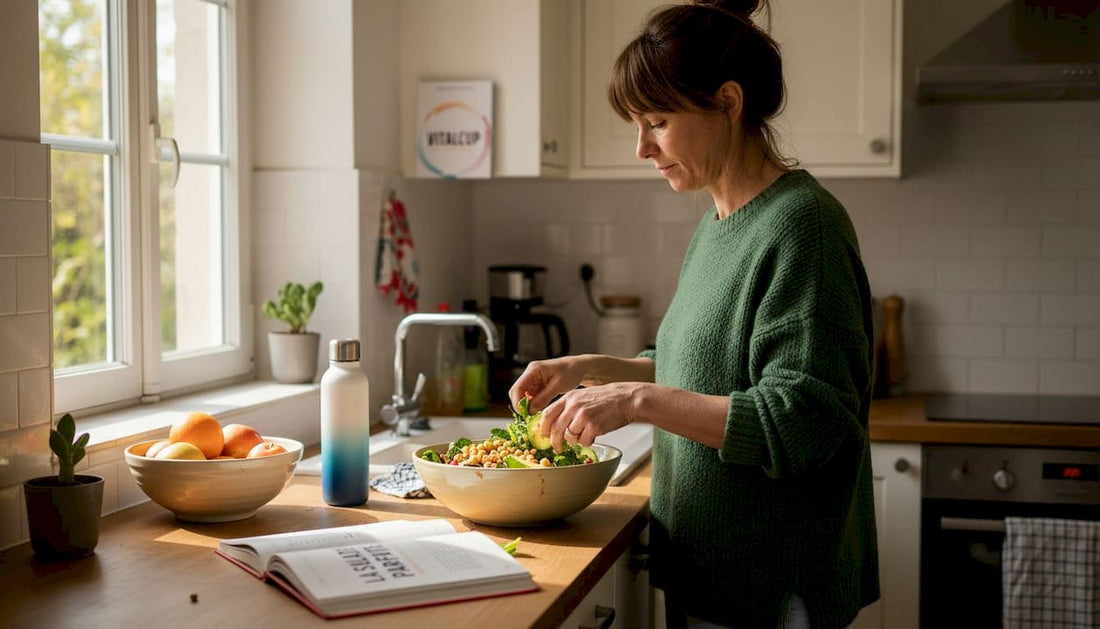 Dans sa cuisine, une femme concocte une salade saine et pleine de fraîcheur.