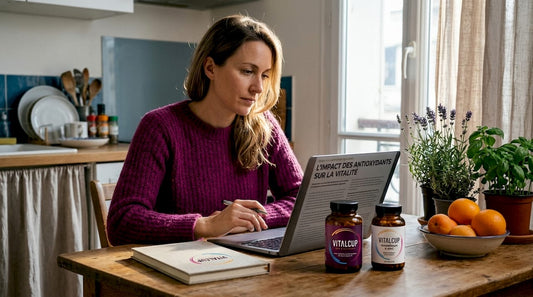 Une femme examine sa sélection de compléments alimentaires chez elle