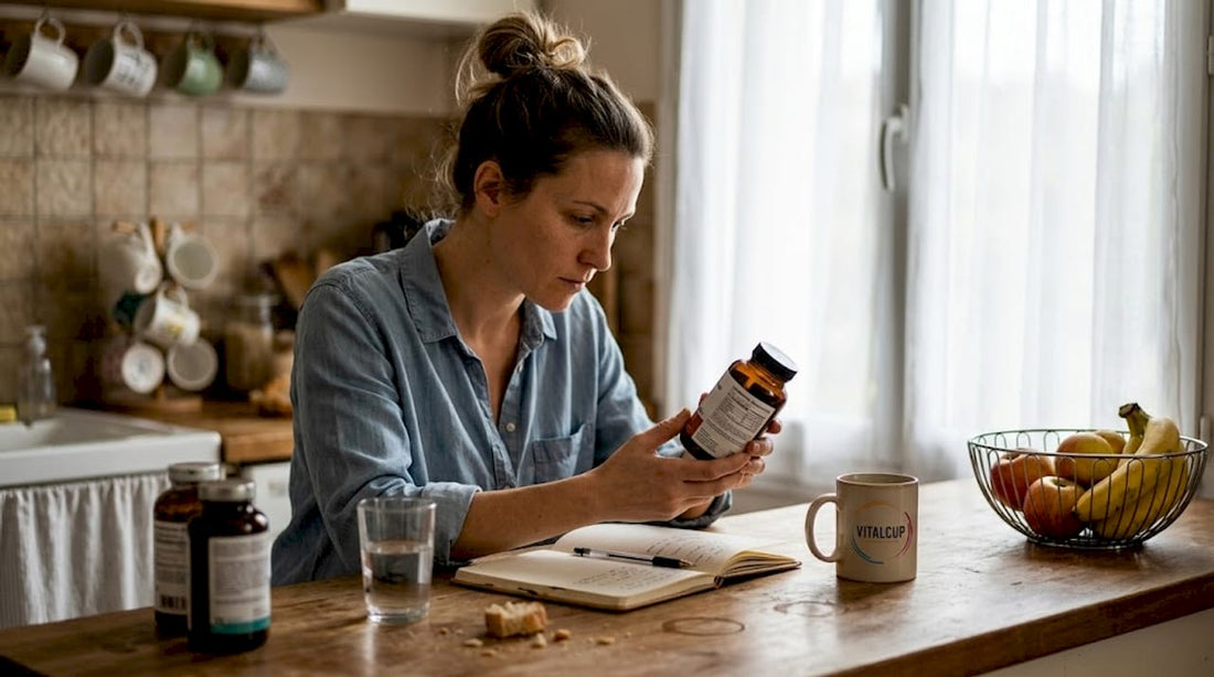 Une femme observe attentivement un flacon, vérifiant la qualité des ingrédients.