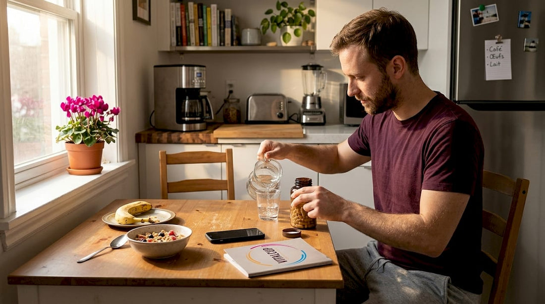 Un homme prépare ses compléments énergétiques sur la table de la cuisine, prêt à démarrer sa journée du bon pied.