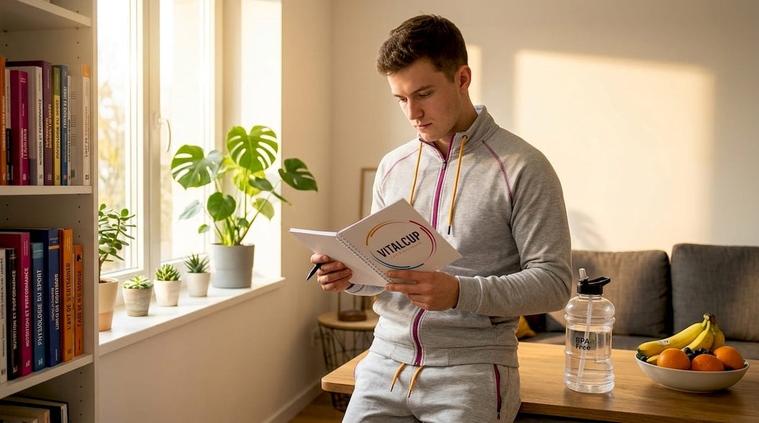Un sportif prend le temps de noter ses repas dans son journal alimentaire tout en préparant sa cuisine.