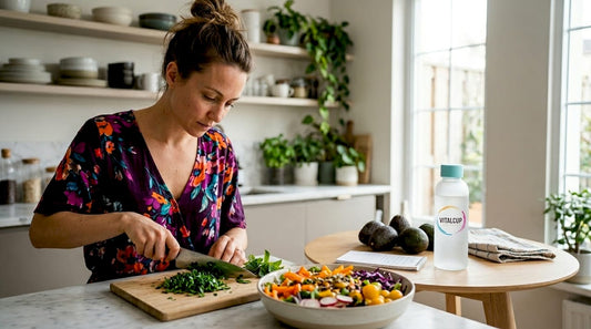 Tôt le matin, une femme s’affaire à préparer une salade sur le plan de travail de sa cuisine.