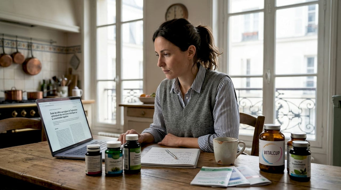 Assise à sa table de cuisine, une femme consulte attentivement une étude scientifique sur les compléments alimentaires.