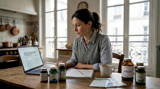 Assise à sa table de cuisine, une femme consulte attentivement une étude scientifique sur les compléments alimentaires.