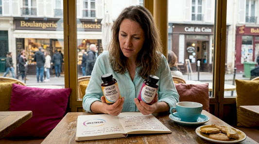 Une femme assise à la table de sa cuisine examine attentivement plusieurs flacons de compléments alimentaires pour faire son choix.