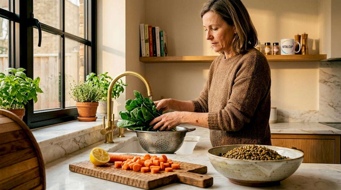 Une femme s’affaire à éplucher et découper des légumes frais dans sa cuisine.