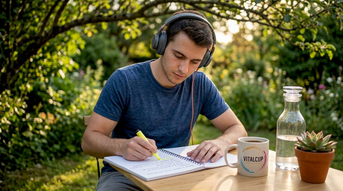Un jeune adulte plongé dans son travail, installé à son bureau dès le matin.