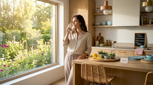Au petit matin, une femme savoure un verre d’eau dans sa cuisine, profitant de la douceur du réveil.