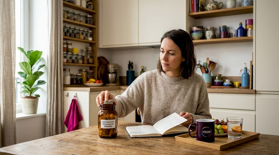 Une femme ouvre ses compléments alimentaires dans sa cuisine chaleureuse, profitant d’un moment de calme au petit matin.