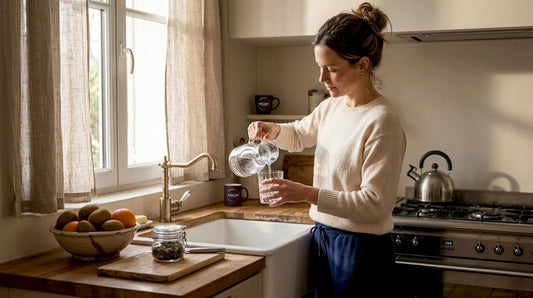 Tôt le matin, une femme verse de l’eau dans la cuisine, profitant du calme pour commencer sa journée.