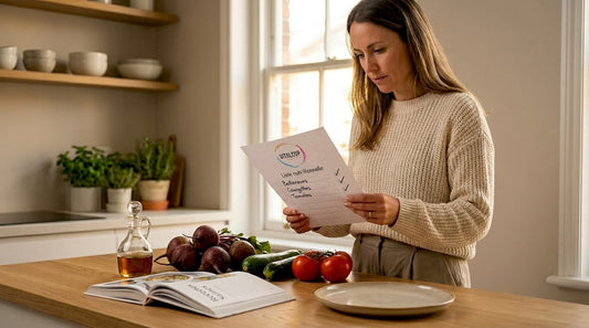 Une femme passe en revue les informations nutritionnelles dans sa cuisine.