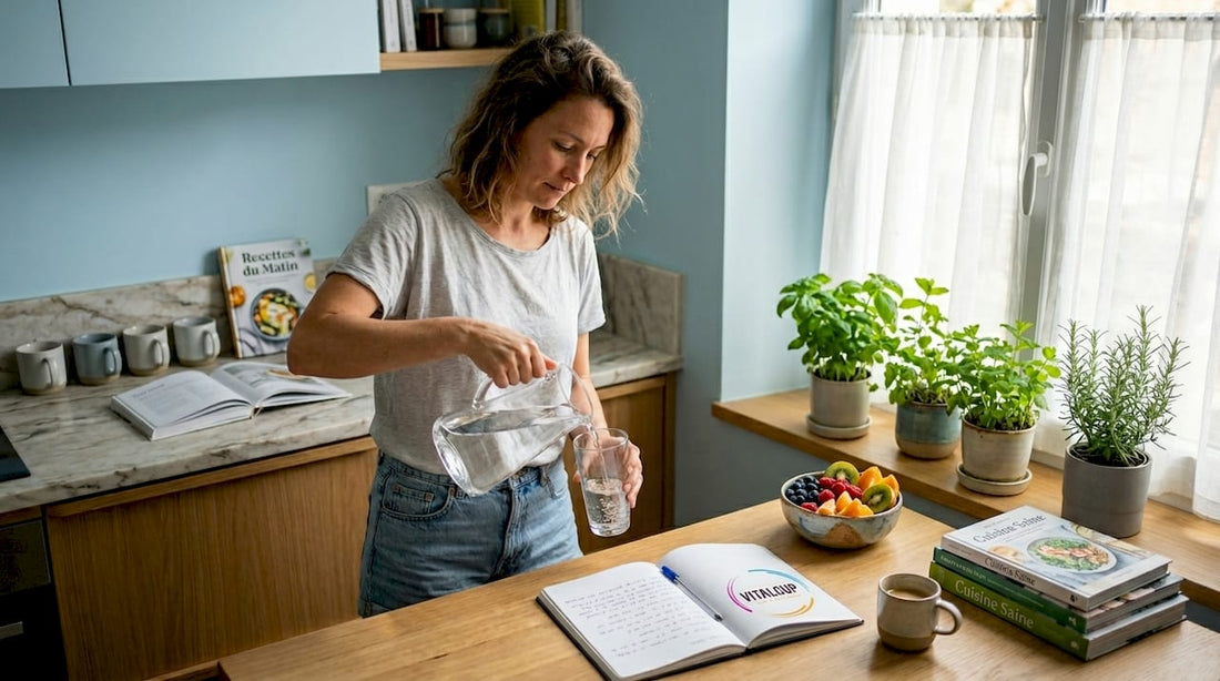 Dans une cuisine baignée de lumière, une femme s’apprête à se servir un verre d’eau.